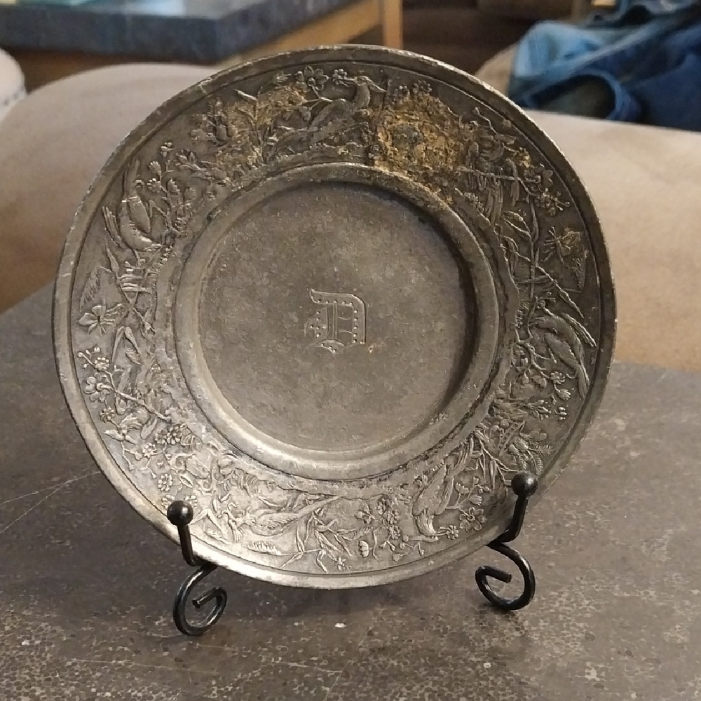 Antique Ornate Decorative Pewter Plate - Gray